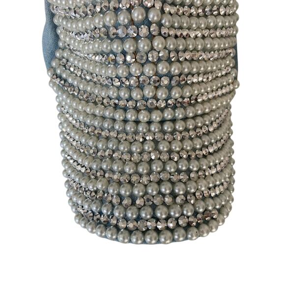 Chic Embellished Faux Pearl Rhinestone Ltwash Distressed Denim Baseball Cap Hat - Picture 7 of 9